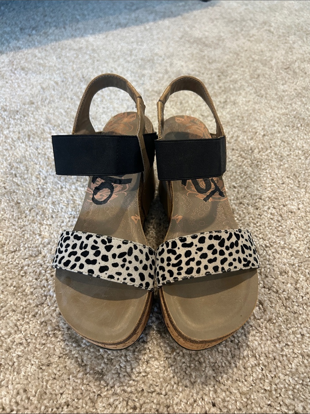 OTBT Tan Wedge Sandals with Black Elastic and Black & White Animal Strap